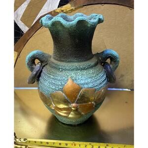 Vintage Mexican Pottery Mini Tabletop Chiminea Copper Brass 7.75” Tall Candle Ho